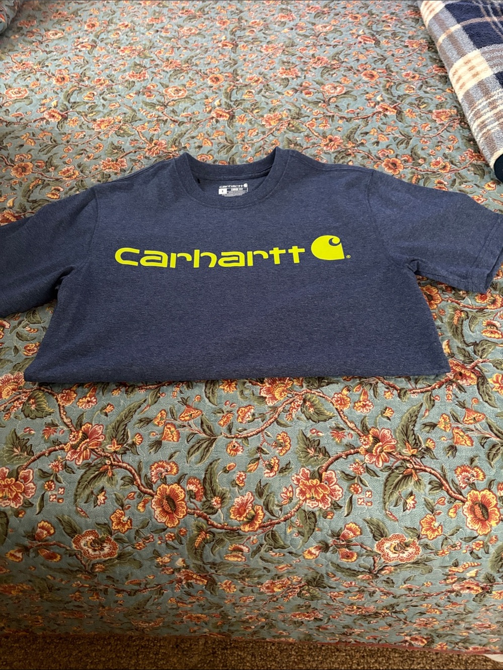 Carhartt Navy Short Sleeve Tee with Neon Yellow Logo